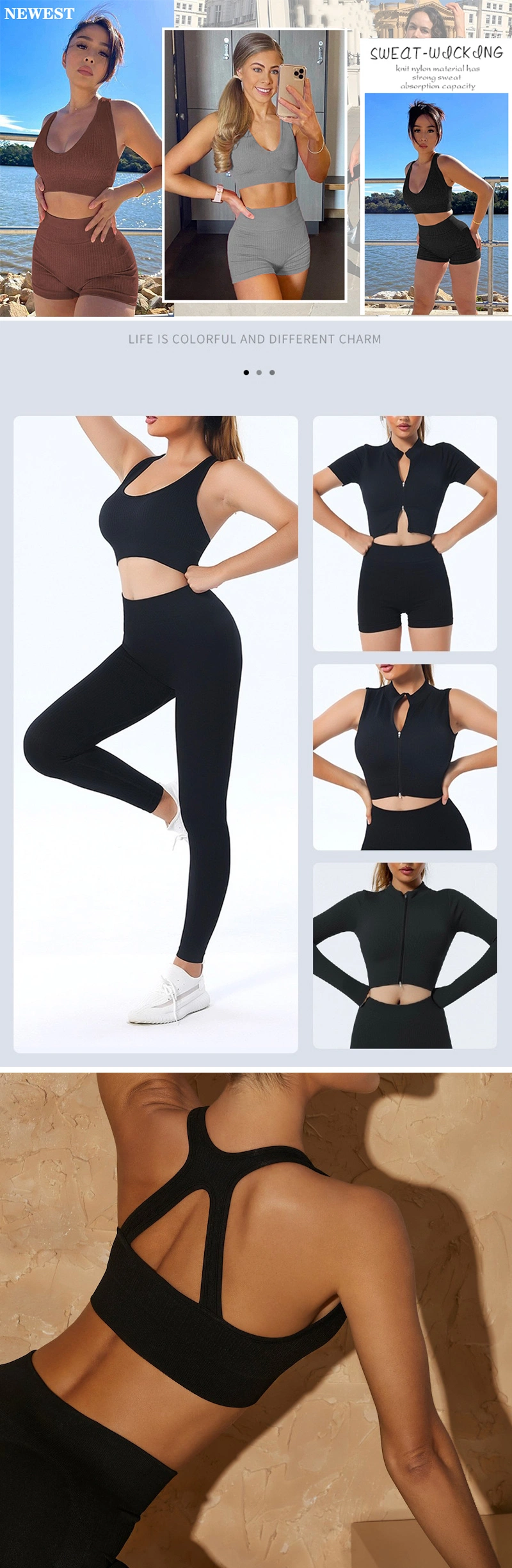 Wholesale Tiktok Trendy 2/3/4/5/6 Piece Fitness Clothes Seamless Sweatsuits Zipper Workout Sets Manufacturer, Custom Ropa De Yoga Gym Sports Wear for Women